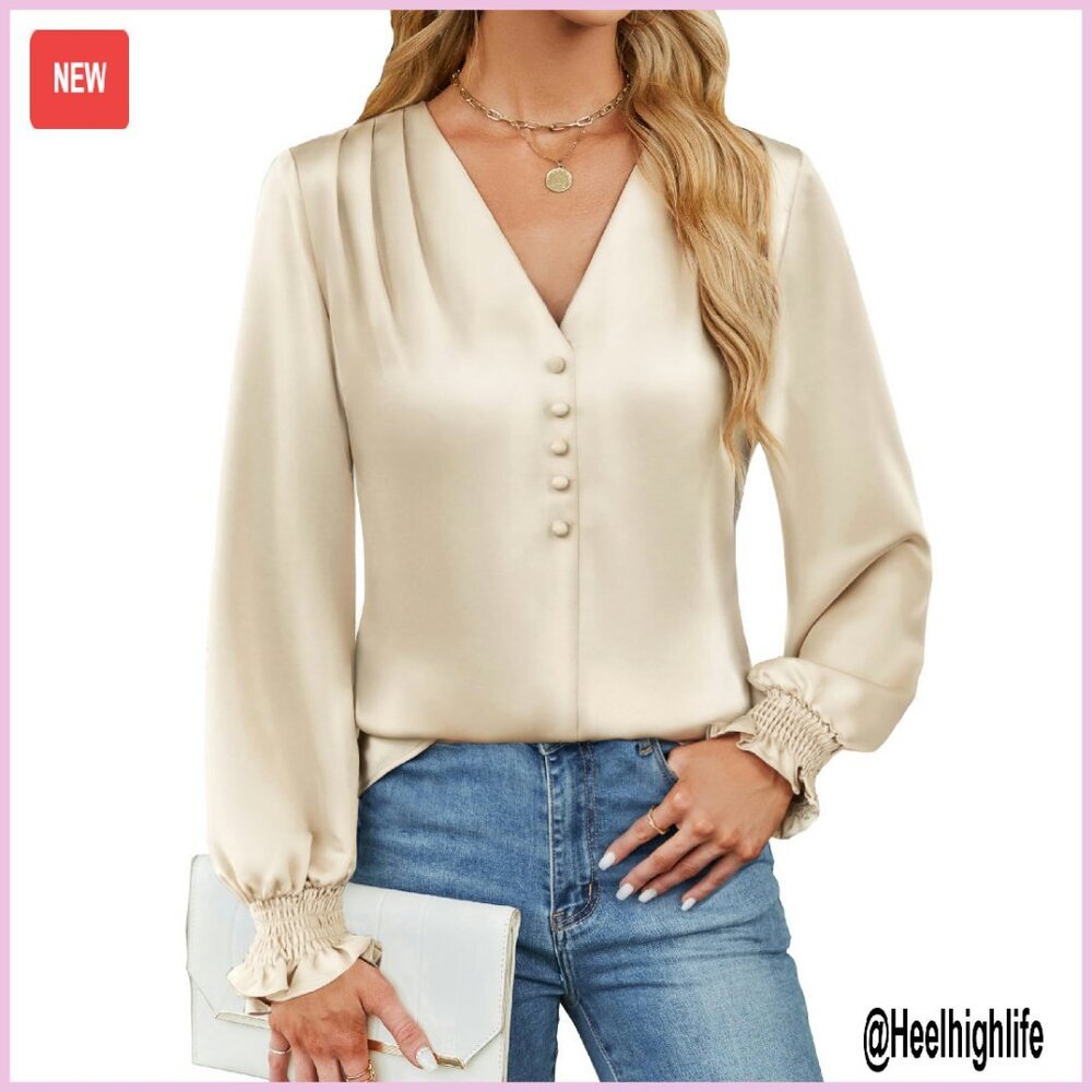 Silk Satin Long Sleeve Button-Down Blouse Business Casual Top
